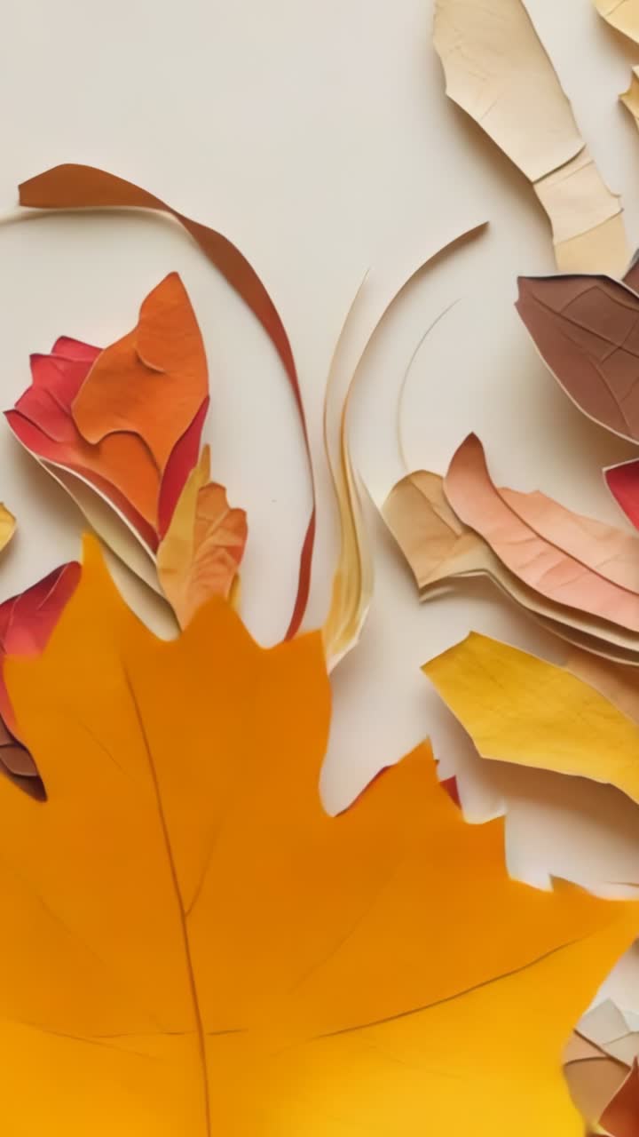 Vertical video: Sliding orange leaf starting movement at studio tabletop, revealing layered collage