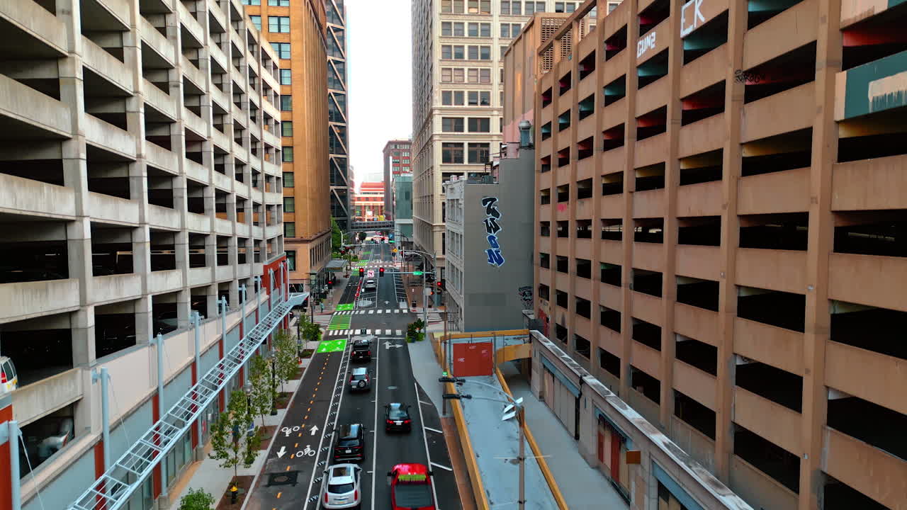 Saint Louis USA, 14 August 2025: Descending above the street in Saint-Louis, Missouri, USA. Road signs and traffic lights over the road
