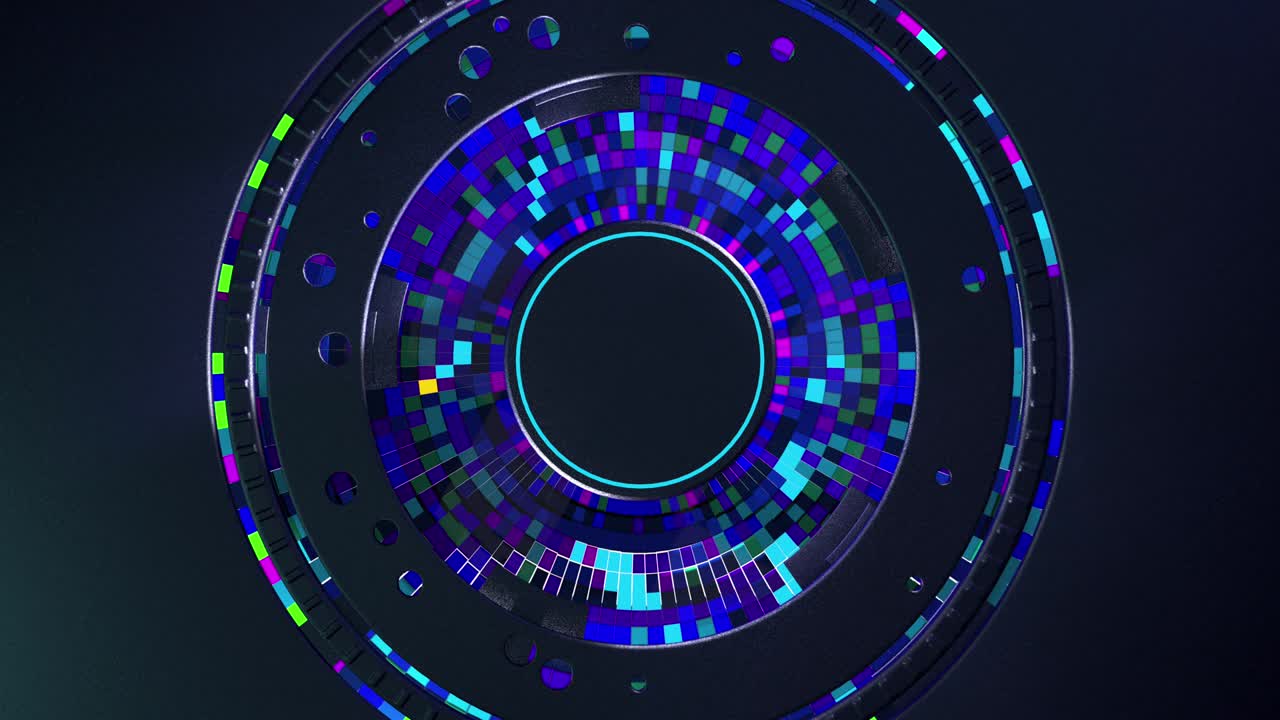 el fondo de anillos metálicos futuristas oscuros que giran dentro de células cuadradas concéntricas cambian de color al azar. animación 3d