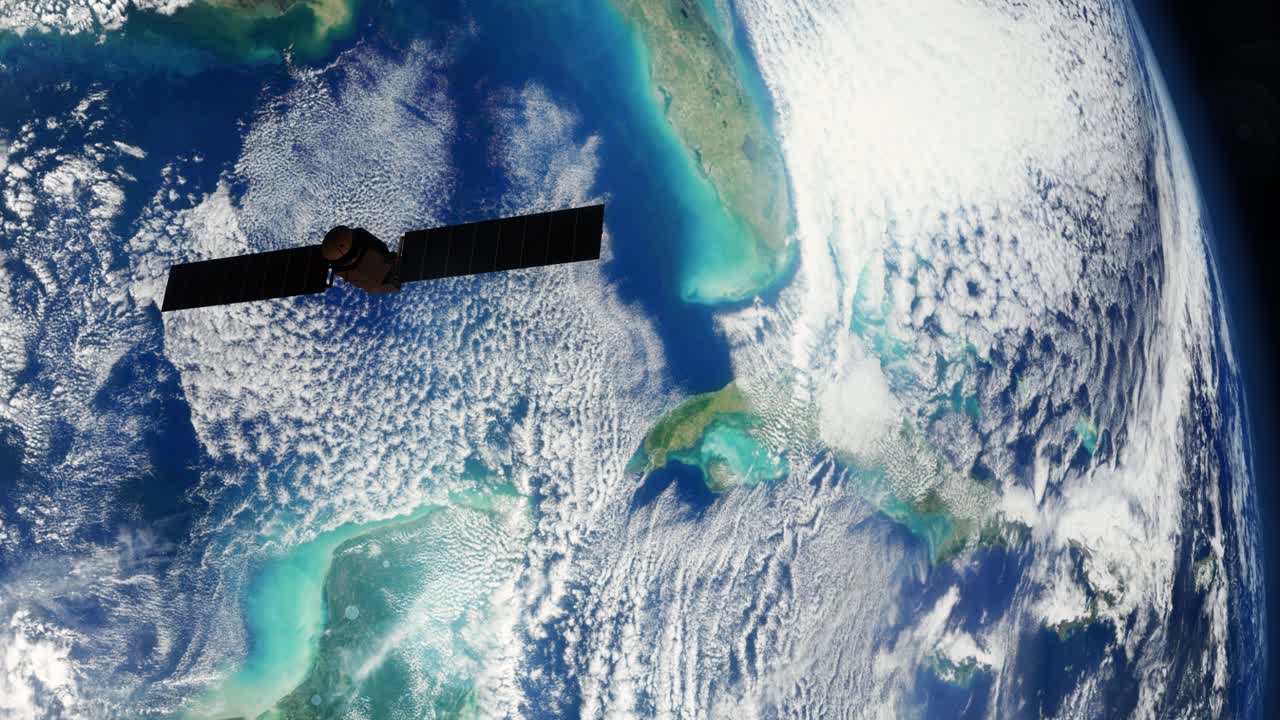 спутник проходит мимо земли, планеты, научной фантастики в силуэте 4k.