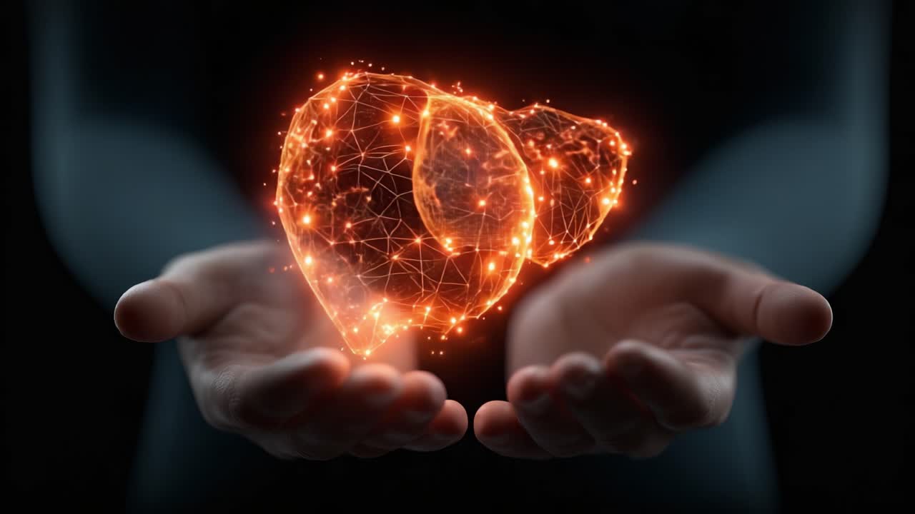 An abstract representation of a glowing liver, showcasing the intricate connections of life represented within a glowing structure held in hands, symbolizing health and vitality