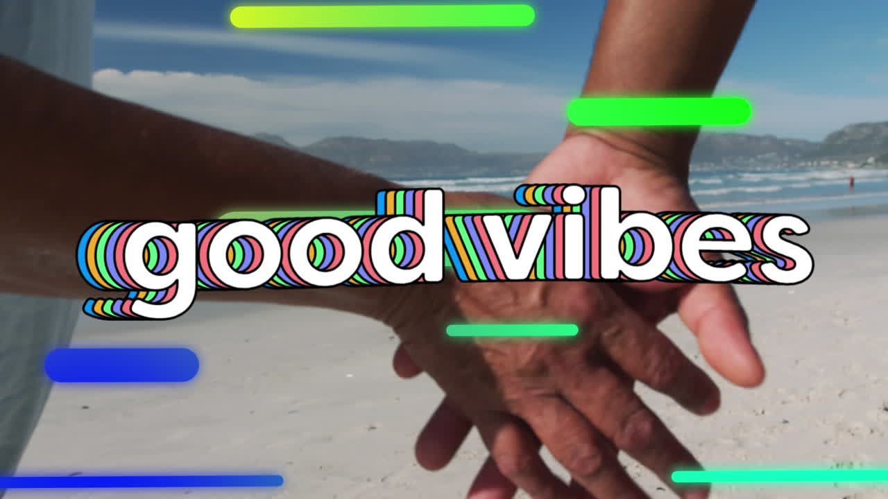 animación de vibraciones de texto sobre la gente en la orilla del mar