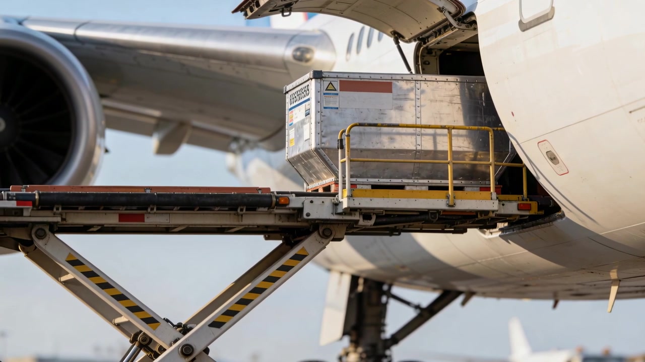 Nastro trasportatore in funzione, un container metallico scorre su un elevatore e si sposta nella stiva dell'aereo per il carico sulla rampa.