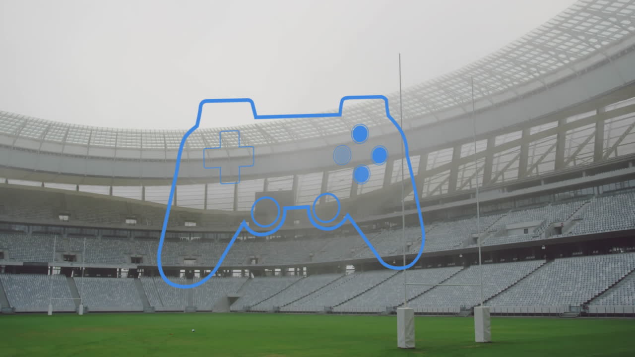 Large blue game controller outline over empty stadium seats and field