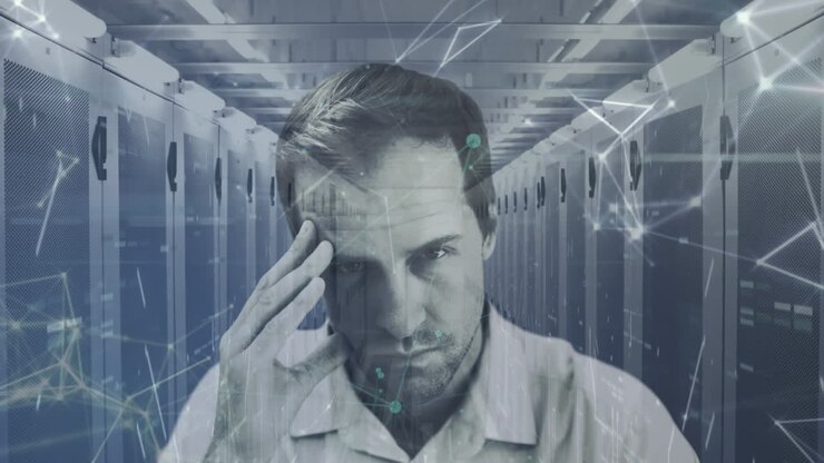 Animated worried man with servers and global network connections in tech room.