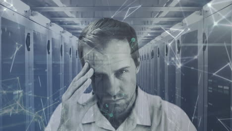 animated worried man with servers and global network connections in tech room.