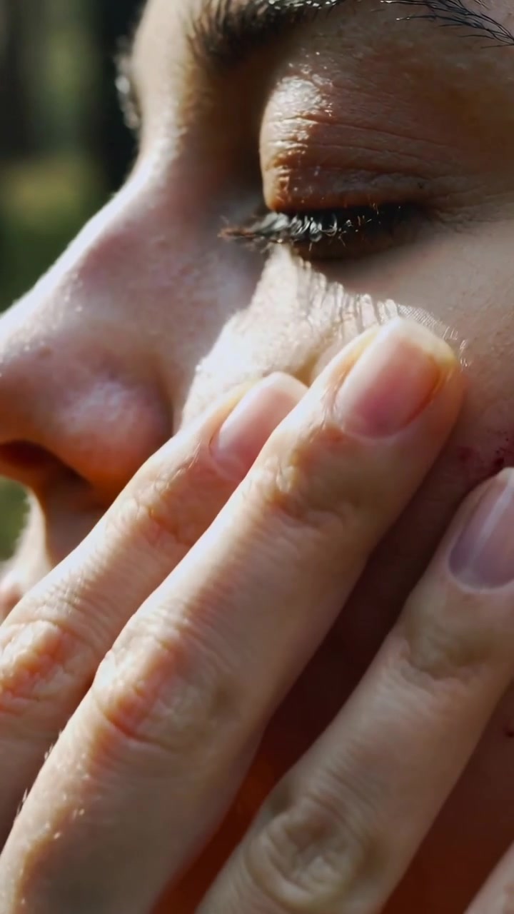 Vertical video: Noticing cheek redness, woman touching and sliding fingers across cheek outdoors