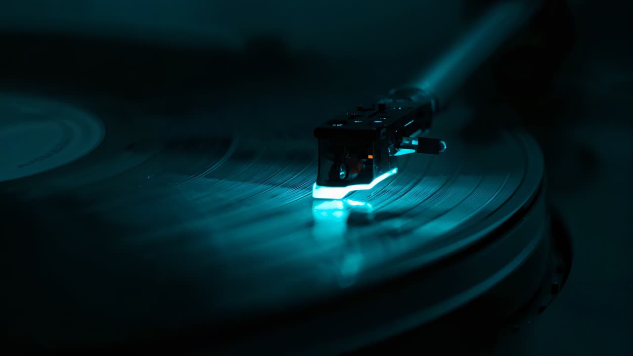 Spinning platter driving cartridge and stylus tracking inward across vinyl in dim room for playback