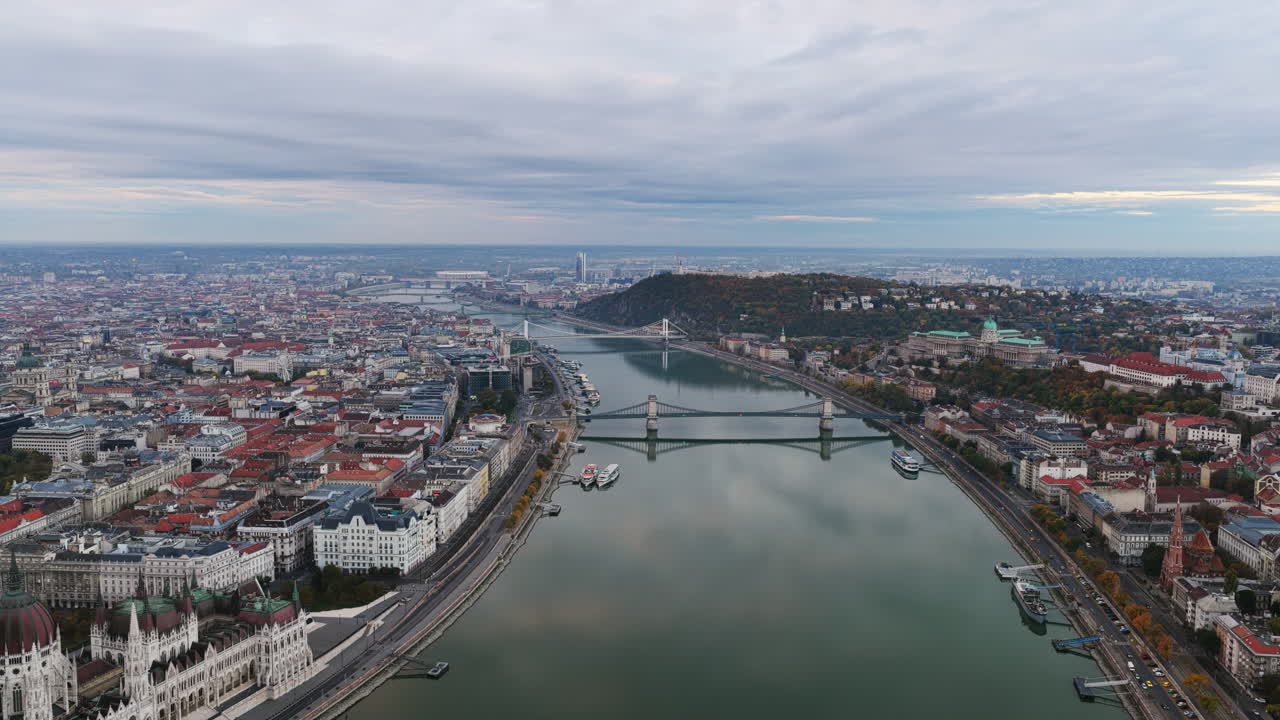 Budapest’s Parliament leads to the Chain Bridge and Gellért Hill beyond, the Danube weaving through the historic heart of the city