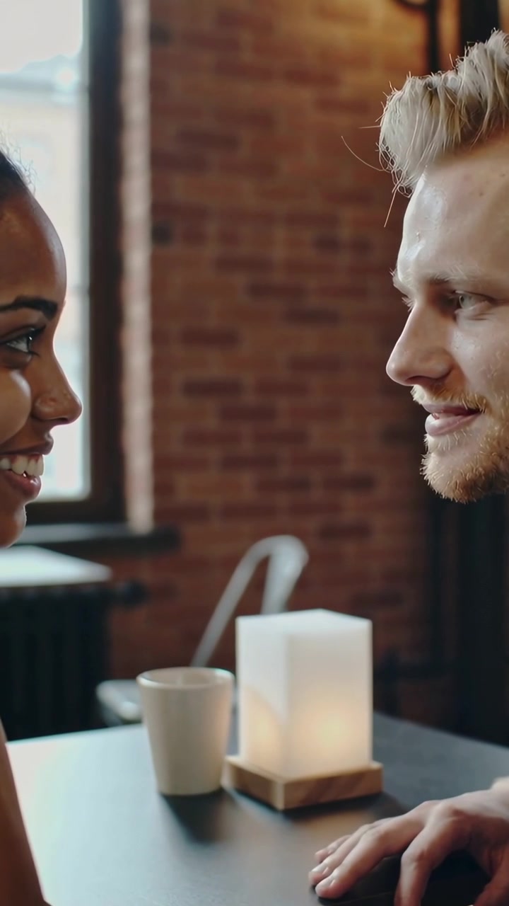 Vertical video: Meeting eyes, couple in casual wear moving to smiles at cafe with coffee cup