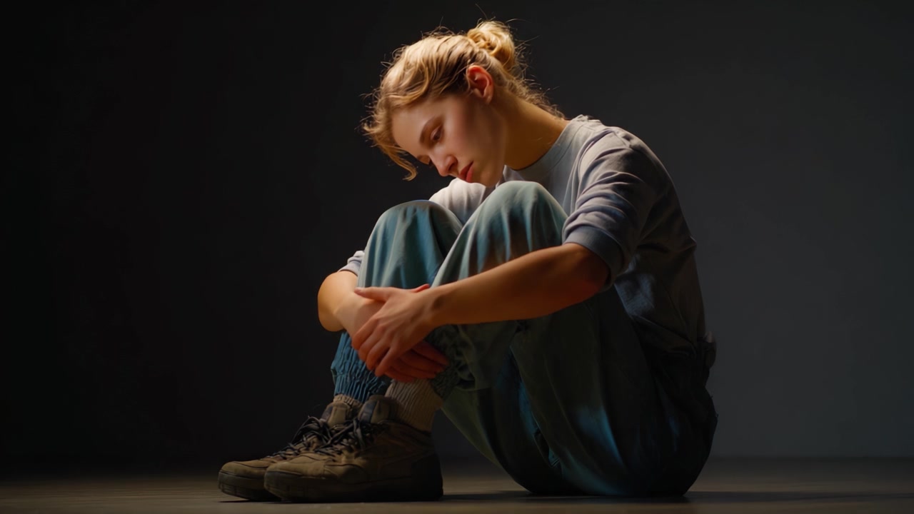 A contemplative moment captured in soft lighting, showcasing a young woman in a thoughtful pose, evoking feelings of introspection and emotion.