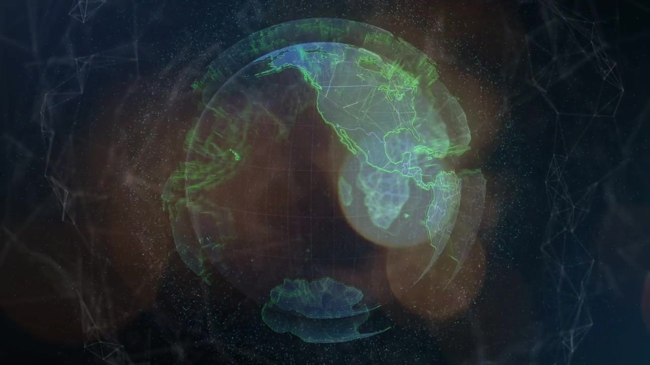 Light pulse starting holo globe rotating clockwise, bokeh drifting, mesh pulsing showing global net