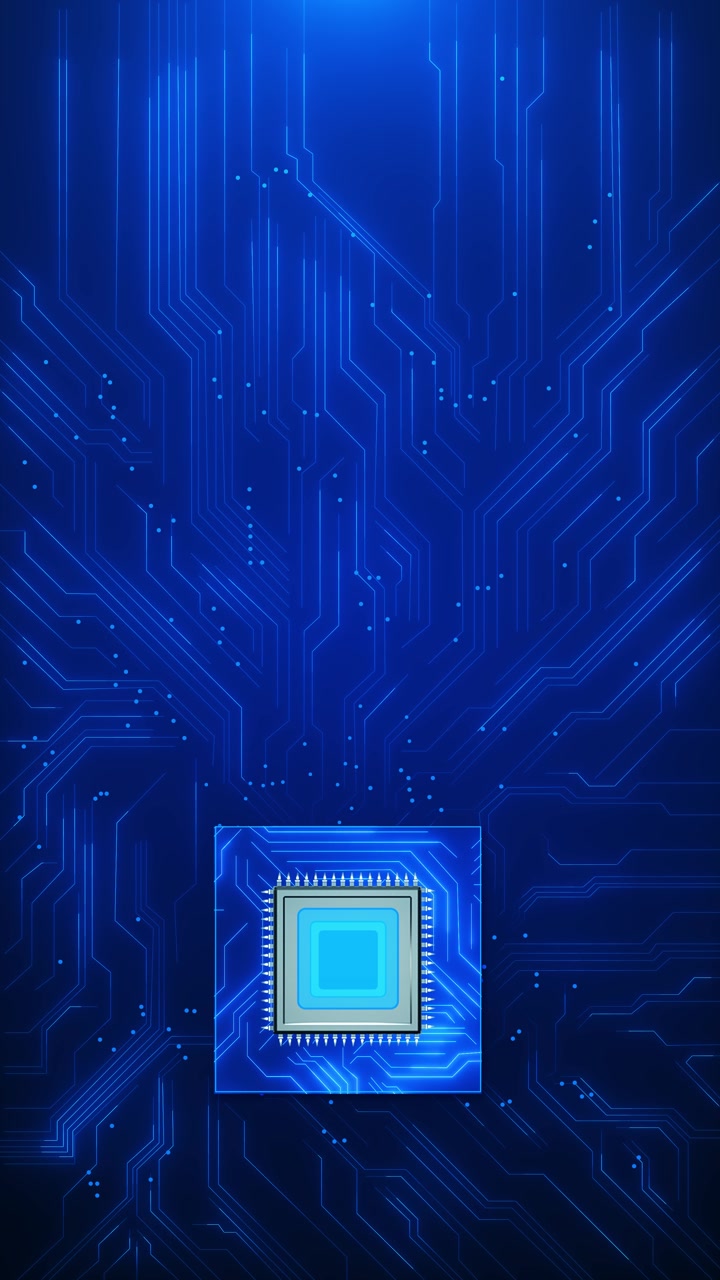 Digital chip technology circuit blue glowing processor connected traces electronic grid clean empty