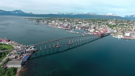 Bridge-of-city-Tromso,-Norway-Aerial-footage