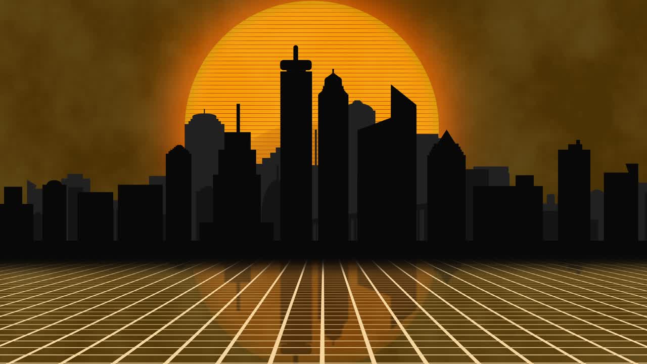 Cinemagraph de animación de formas (vectorial) de una ciudad al anochecer (puesta de sol).