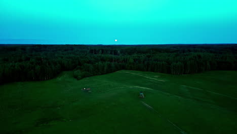 a smooth reveal shot of a green landscape with a forest line at twilight
