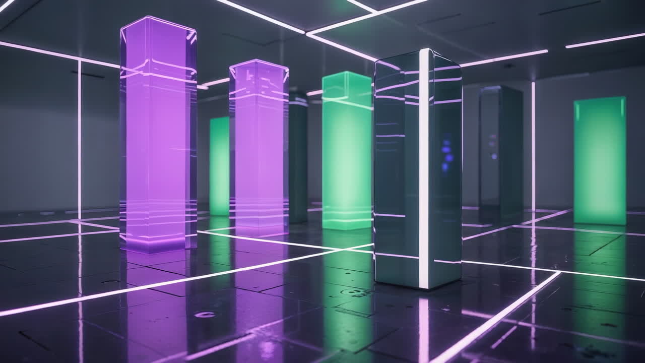Futuristic Neon Pillars in a Digital Grid Room