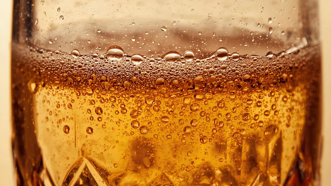 Nucleating on scratches, bubbles on crystal tumbler climbing walls at bar, releasing gas into foam