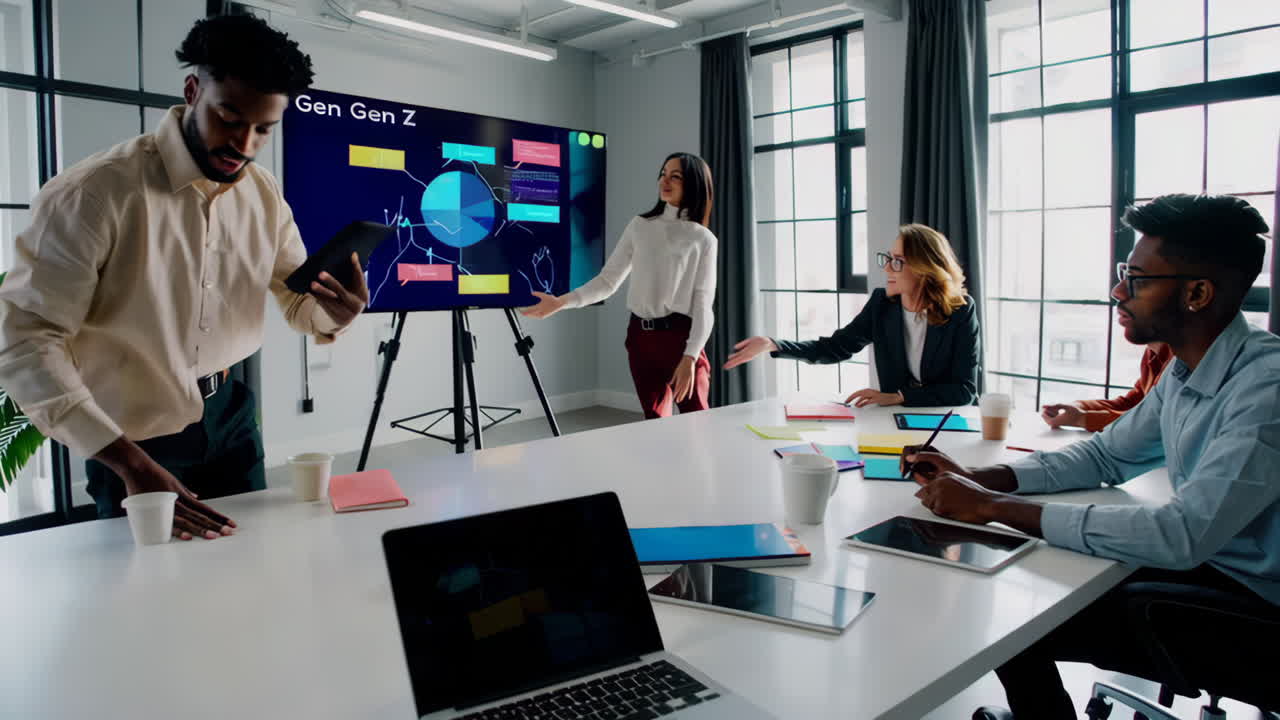 Business Meeting with Data Presentation and Team Collaboration