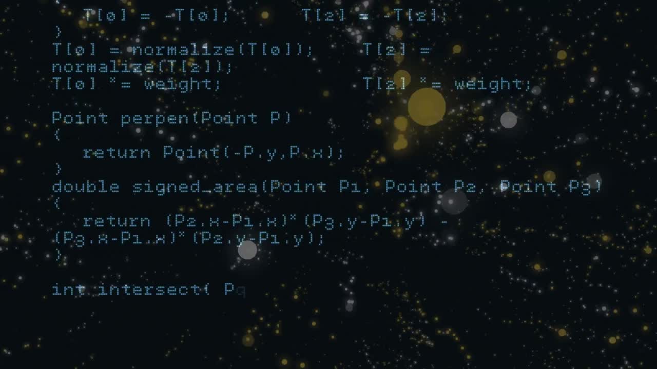 Animation of computer language moving over dots on black background