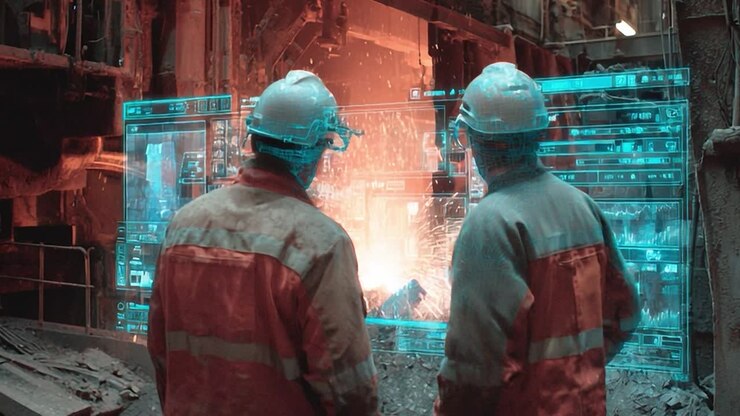 Workers observe metal pouring with advanced technology interface