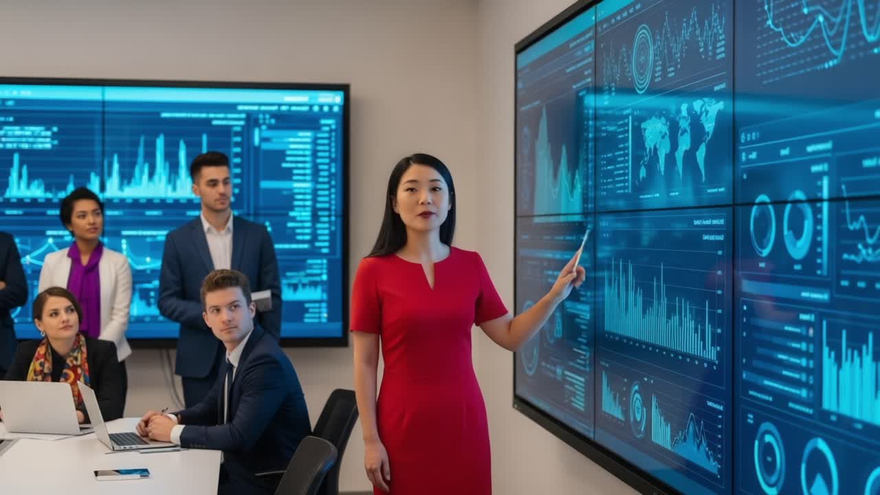 Engaging Business Presentation: A Speaker Highlights Data Insights with Visual Analytics in a Modern Conference Room Setting to Educate and Inspire Team Discussion