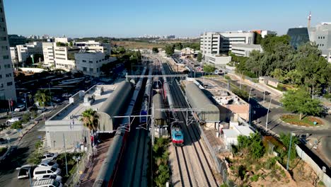 4K-high-resolution-drone-video-of-the-central-train-station-in-the-city-of-Rehovot-near-the-Weizmann-Institute-of-Science--Israel