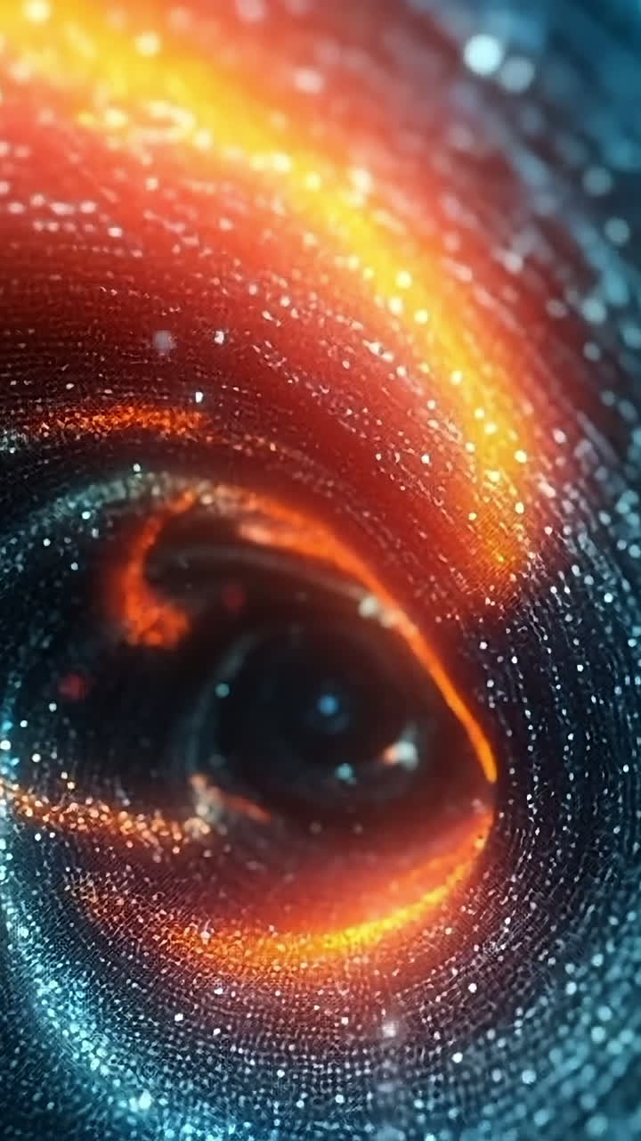 Swirling colors in a cosmic vortex. Bright blue and orange particles swirl in a dynamic cosmic vortex, creating an enchanting visual experience of motion.