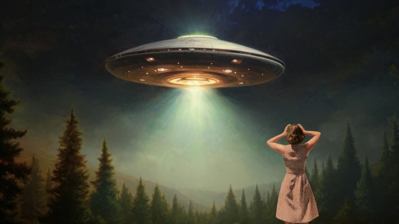 A vintage-style video scene shows a woman in a dress looking up at a hovering UFO in a forest