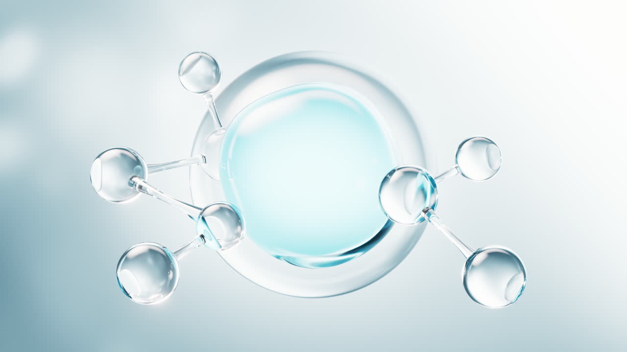 Transparent molecules with water bubbles background, 3d rendering