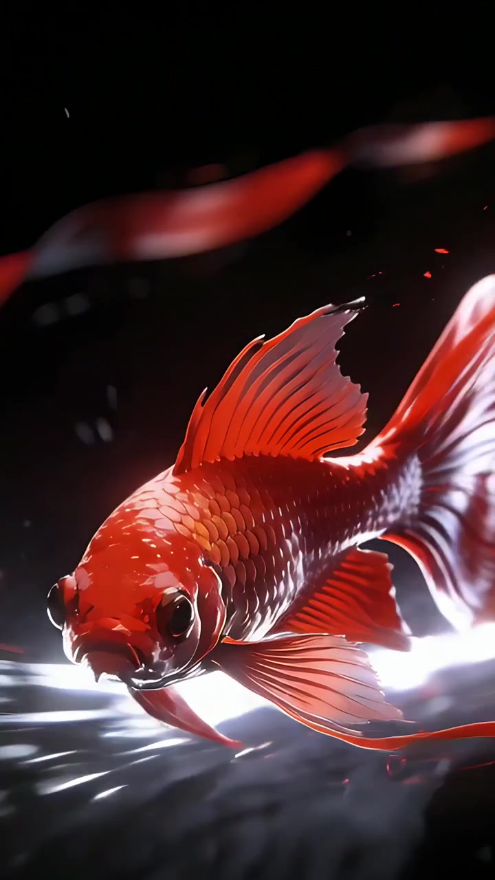 Video verticale: Pesce rosso che nuota in acqua scura dopo un impulso di luce, con pinne che si aprono a nastro.