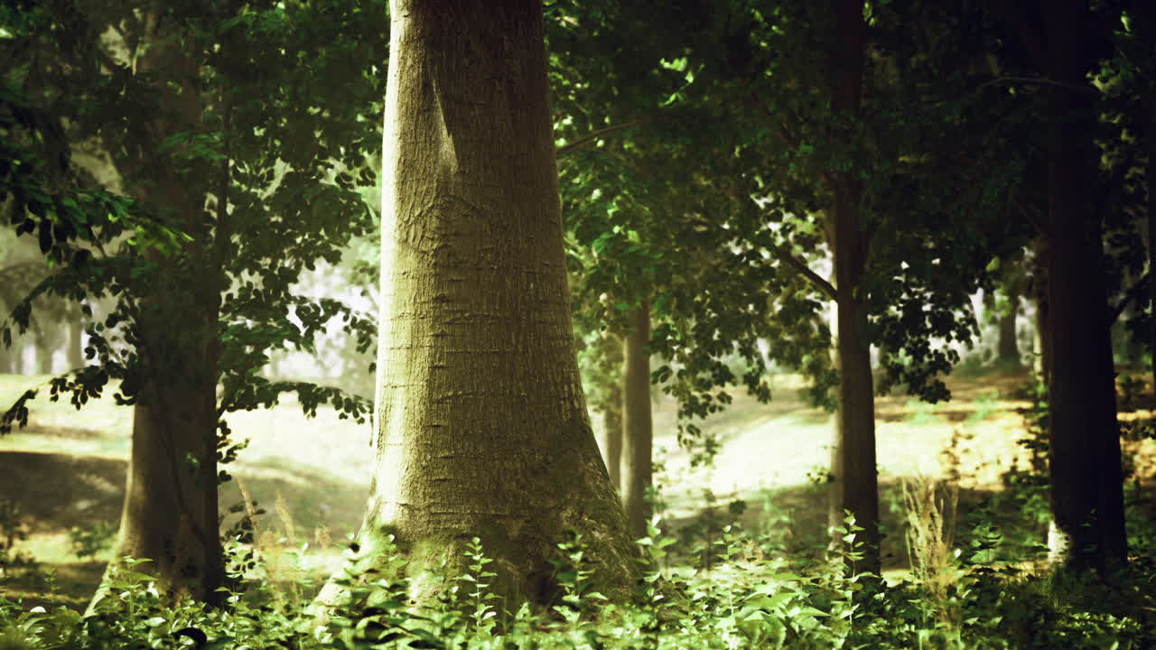 Sunlight filters through trees in serene forest landscape during daytime