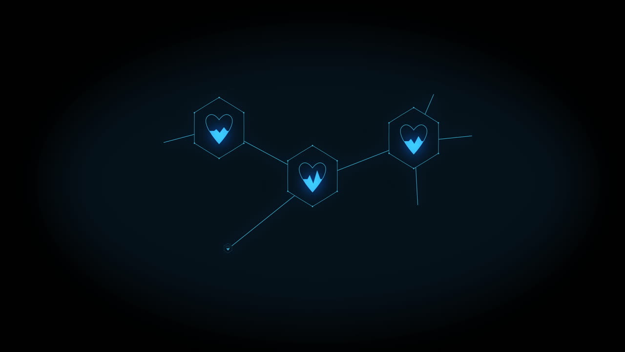 animación de la creciente red de íconos de ritmo cardíaco azul en fondo negro