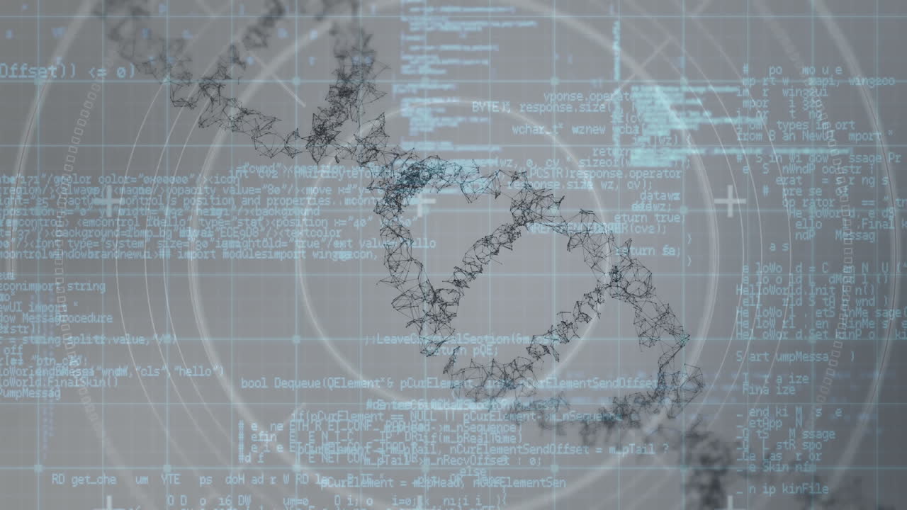 그레이 배경에 과학적 정보와 함께 dna가 돌아갑니다.