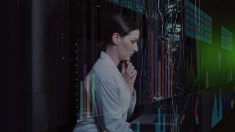 analyzing data charts animation over woman working in server room