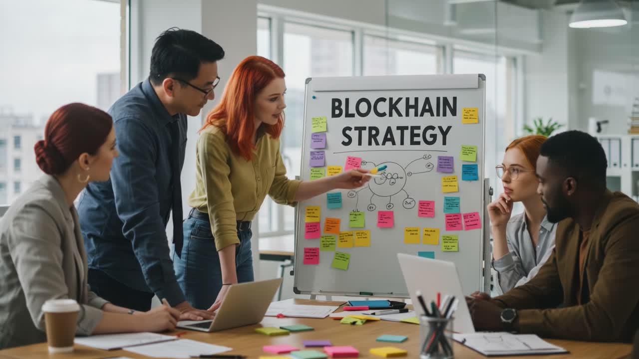 Collaboration on Blockchain Strategy: A Team Working Together to Develop Innovative Solutions in a Modern Office Environment with Post-it Notes and Technology
