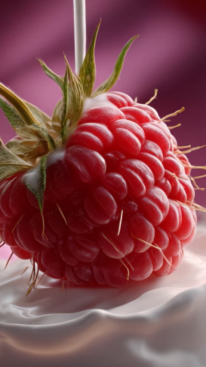 Luscious Raspberry on Creamy Background: A Close-Up View of Nature's Delight with Vibrant Colors and Textures Captured in Stunning Detail