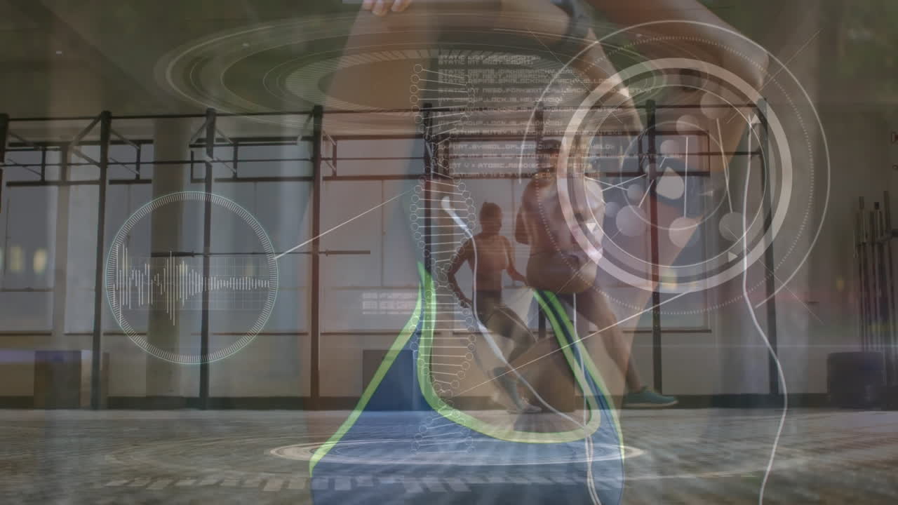 анимация цепи днк с обработкой данных над различными людьми, занимающимися физическими упражнениями.