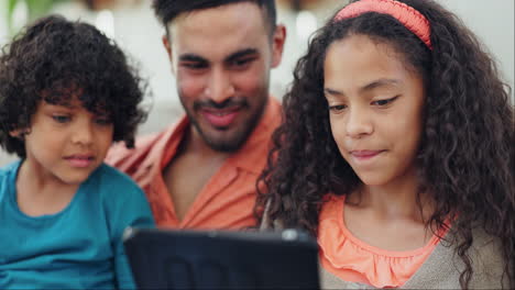 father, children or tablet with talking for game