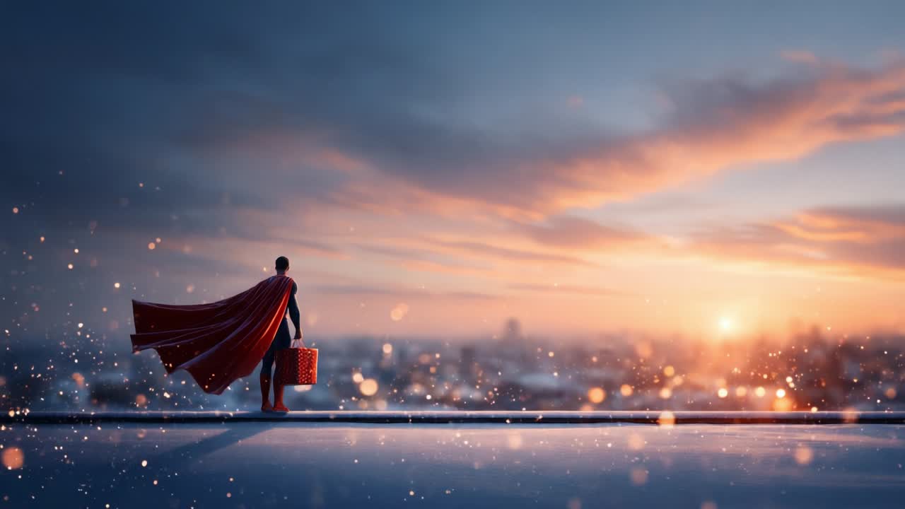 A heroic figure stands poised on the edge of a rooftop, draped in a red cape, gazing toward a spectacular sunset while holding a gift, symbolizing hope, bravery, and the spirit of giving amidst a stunning cityscape