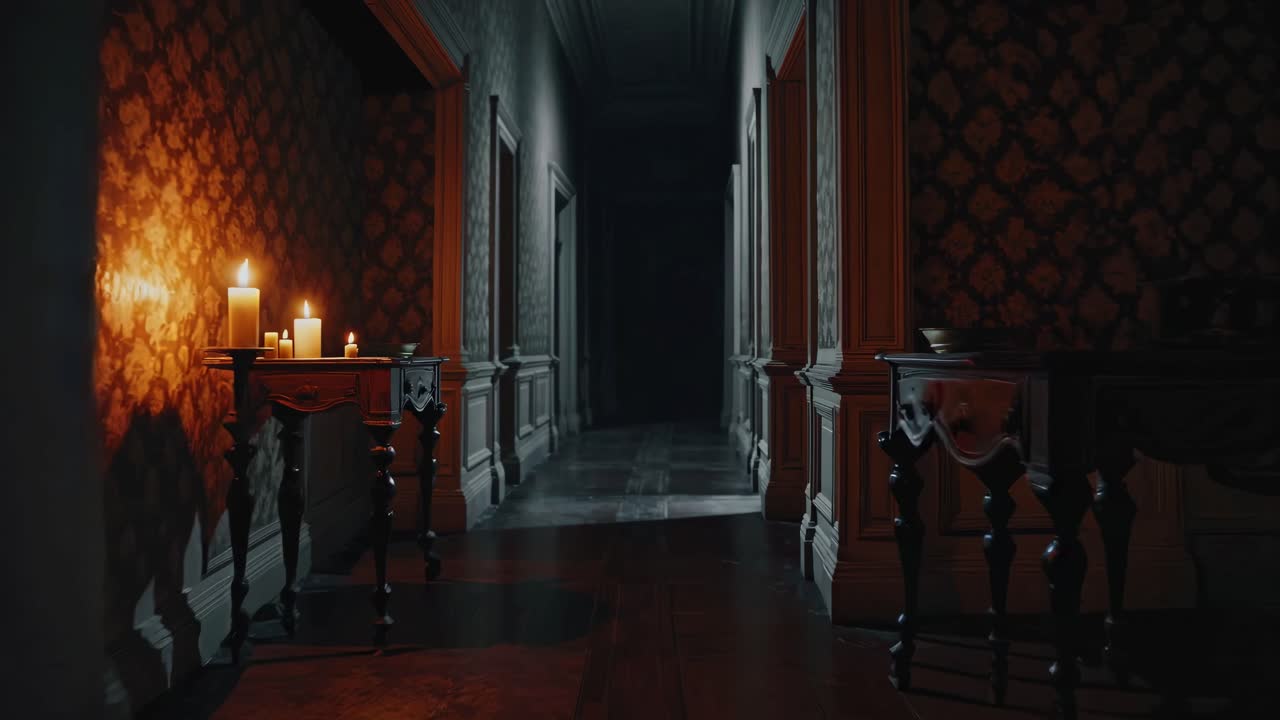 A dimly lit hallway with vintage wallpaper and candlelight creates a suspenseful atmosphere