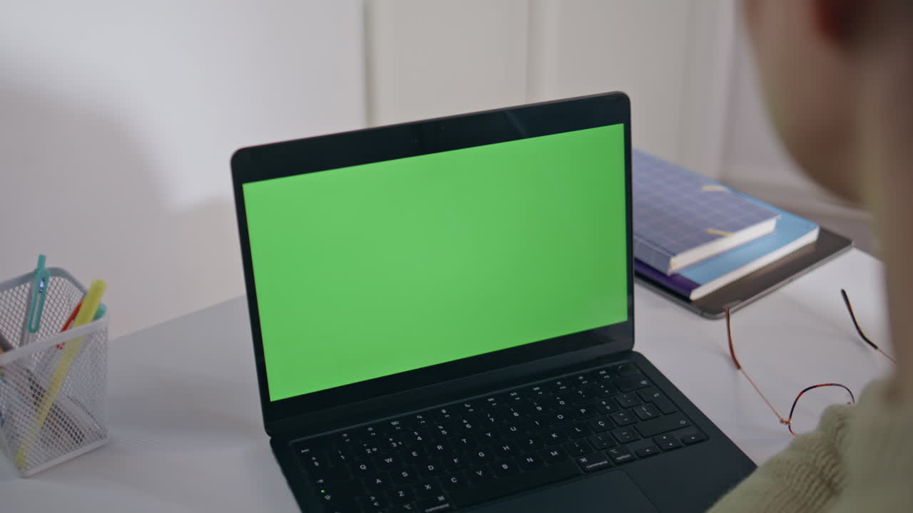 Student greeting chromakey videocall computer at home closeup. Teacher talking