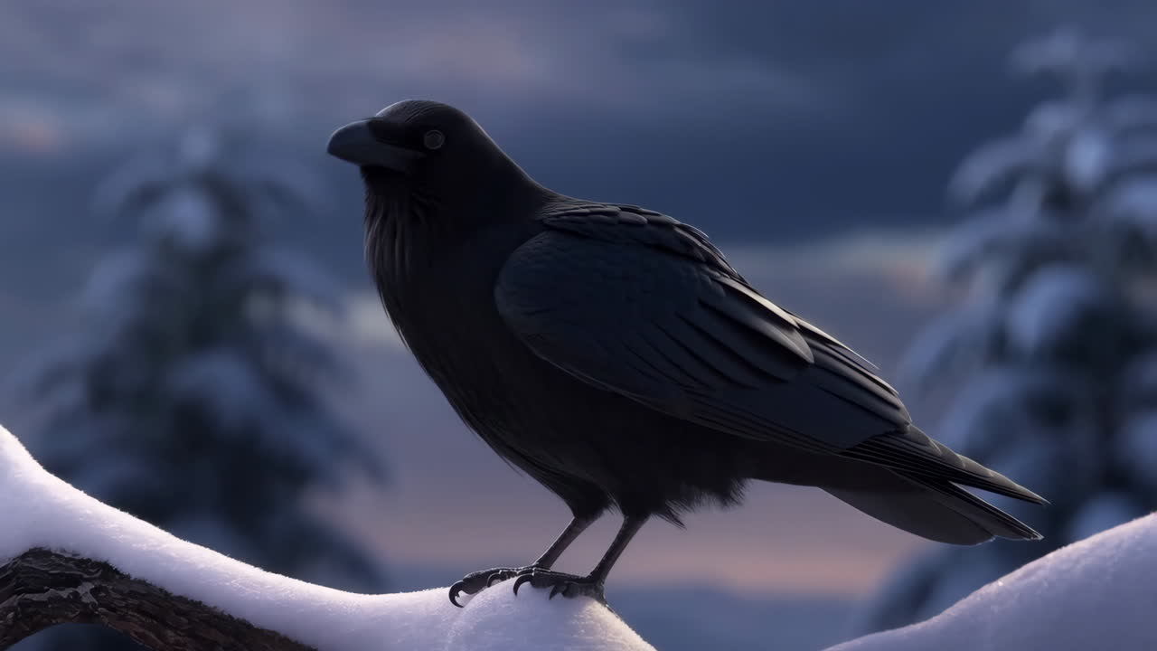 Black Raven Perched on a Snow-Covered Branch