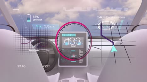 Animation-of-speedometer-and-battery-lever-over-car-interior-and-clouds