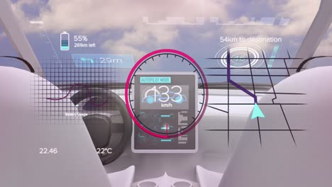 animation of speedometer and battery lever over car interior and clouds