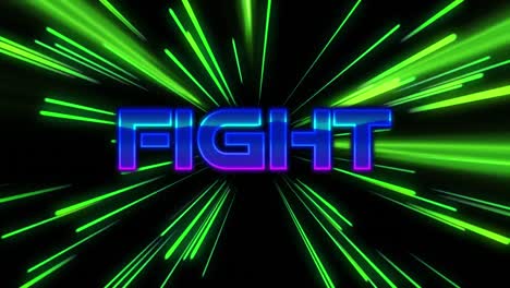 animation of fight text over neon light trails on black background