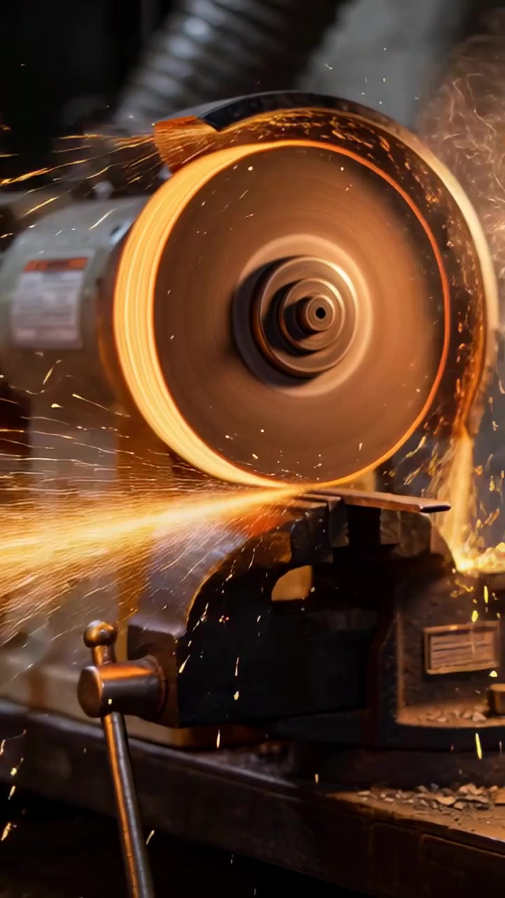 Video verticale: Mola abrasiva che entra in contatto con un pezzo metallico, generando scintille sul banco da lavoro.