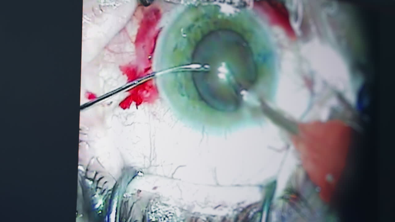 Eye with ophtalmology surgery tools. Surgery operation in modern clinic. Vision correction surgical treatment.