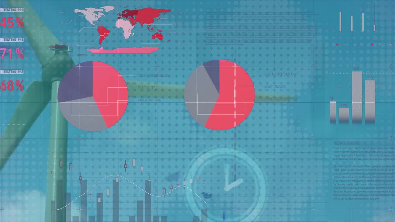 animación del procesamiento de datos estadísticos y el reloj de tic-tac sobre el molino de viento giratorio contra el cielo azul