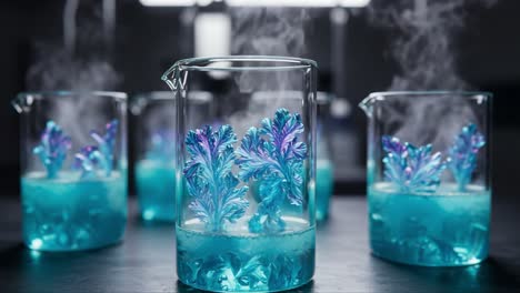 a captivating experiment in chemistry: stunning beakers displaying vibrant blue-hued liquid with evaporating steam and artfully crafted floral ice crystals